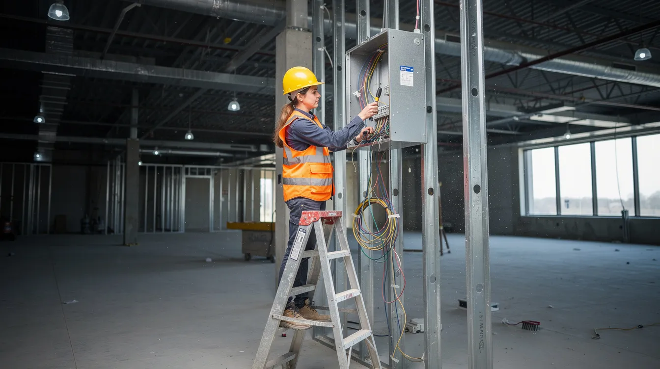 A woman wearing a hard hat and safety vest is focused on installing electrical wiring at a busy commercial construction site, showcasing her role as a skilled worker in the construction industry. This image highlights the importance of labor and workforce development, particularly in addressing the construction labor shortage through training programs and apprenticeship opportunities.