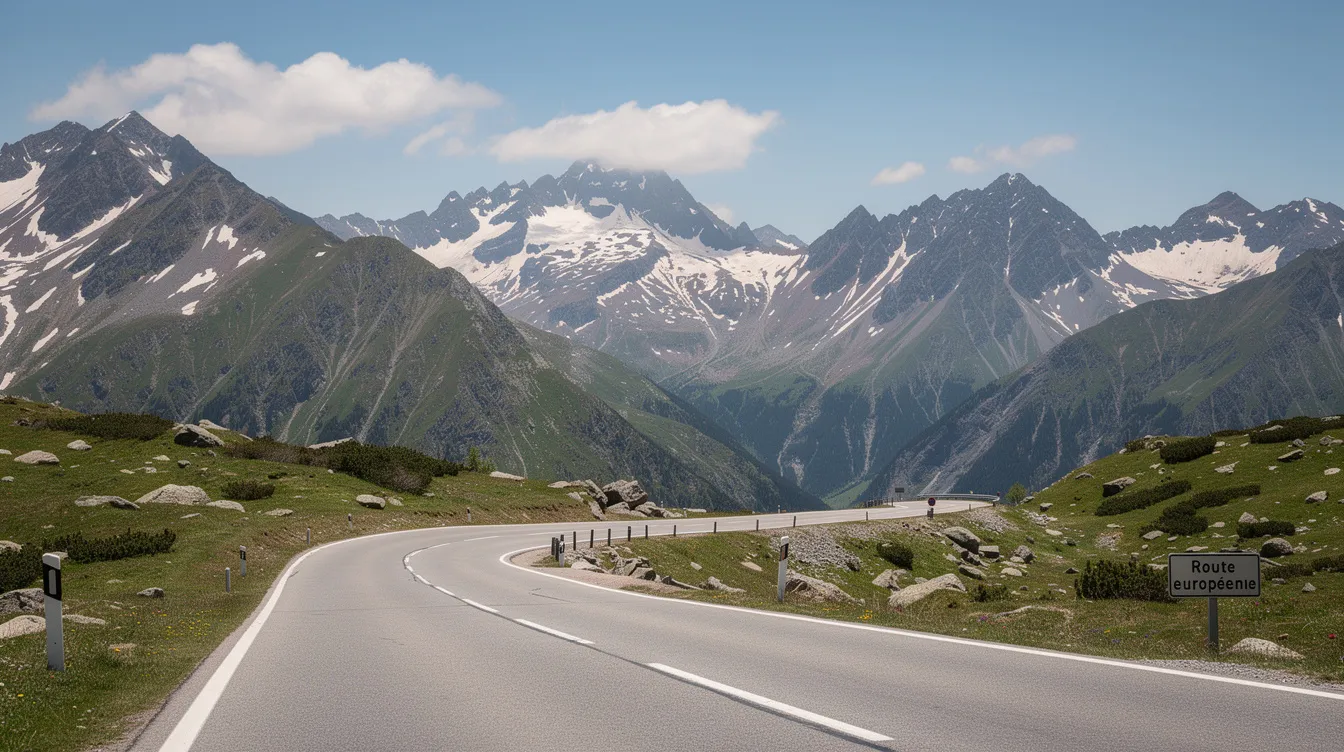 Une route européenne panoramique traverse les majestueuses Pyrénées, offrant une vue imprenable sur les montagnes environnantes. Ce paysage spectaculaire est idéal pour un road trip en voiture de location à travers la France et l'Espagne.
