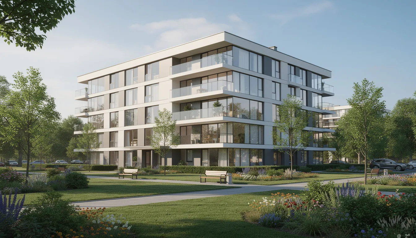 Nowoczesny blok mieszkalny z balkonami otoczony zielenią, usytuowany w jednej z najbardziej zielonych dzielnic Warszawy - Bielanach. W budynku znajdują się lokale mieszkalne o podwyższonym standardzie, idealne dla rodzin szukających komfortowego mieszkania na sprzedaż.