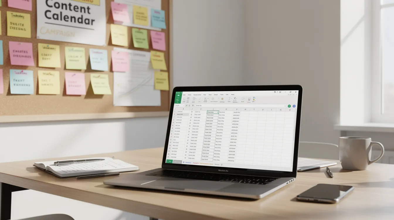 The image depicts a professional workspace featuring a content calendar pinned to a wall, alongside a laptop displaying a spreadsheet filled with keyword data. This setup suggests a focus on keyword research and SEO strategy, highlighting tools for analyzing search volume and identifying relevant keywords for content planning.