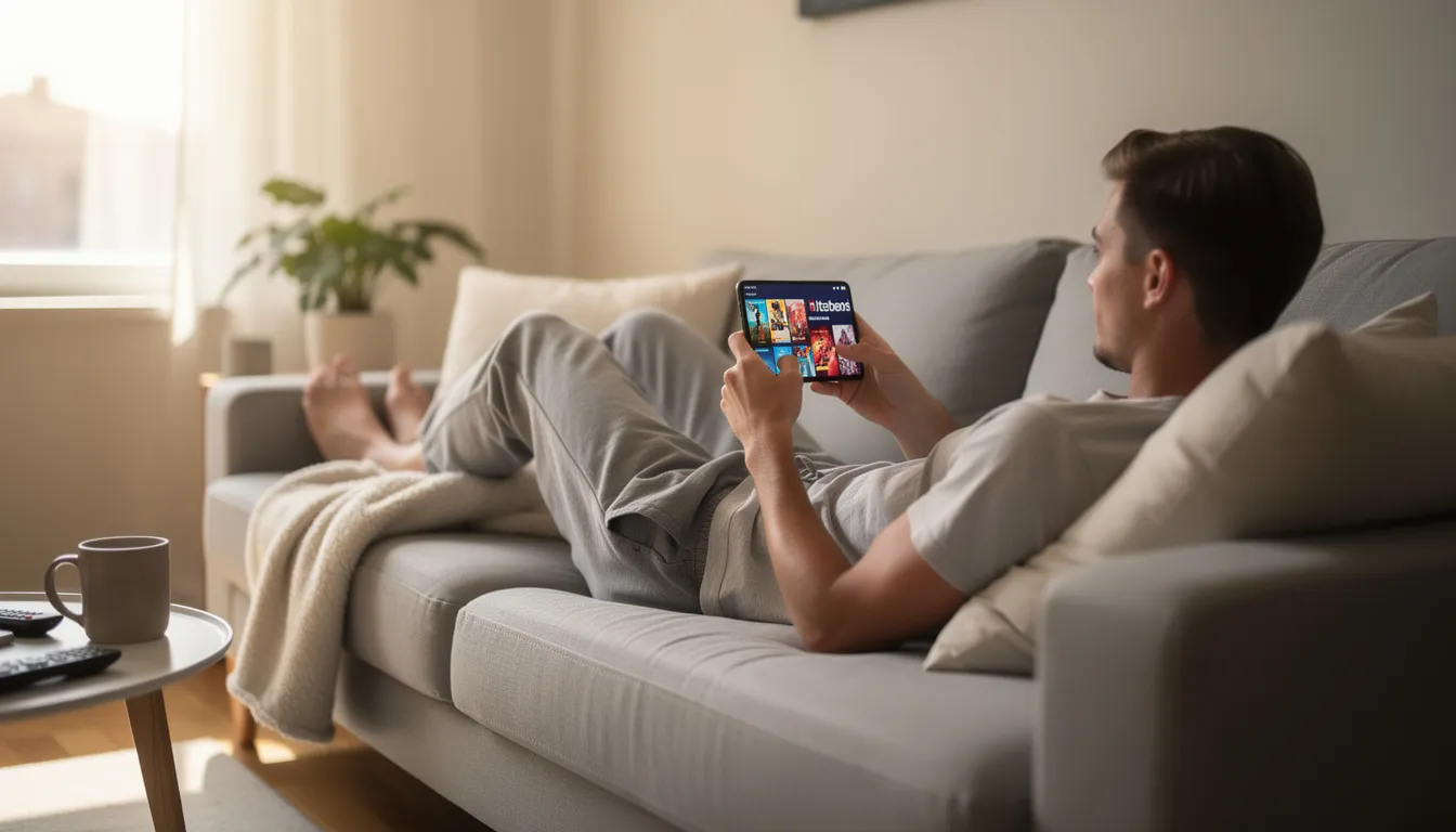 En person sitter avslappnat på en soffa och använder sin smartphone för att njuta av mobilunderhållning, kanske för att spela casinospel hos kungaslottet. Skärmen visar en app med möjlighet till free spins och live casino, vilket skapar en underhållande atmosfär.