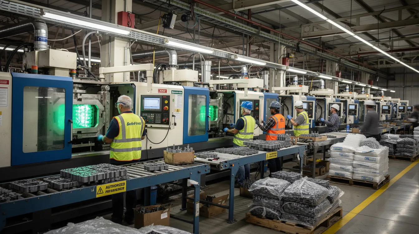 The image depicts a bustling plastic manufacturing factory floor, where workers are actively operating injection molding machines to produce various plastic products, such as disposable plastic syringes and cups. This scene highlights the dynamic environment of the plastic manufacturing industry, showcasing the manufacturing process involved in creating essential consumer goods for both domestic and export markets.