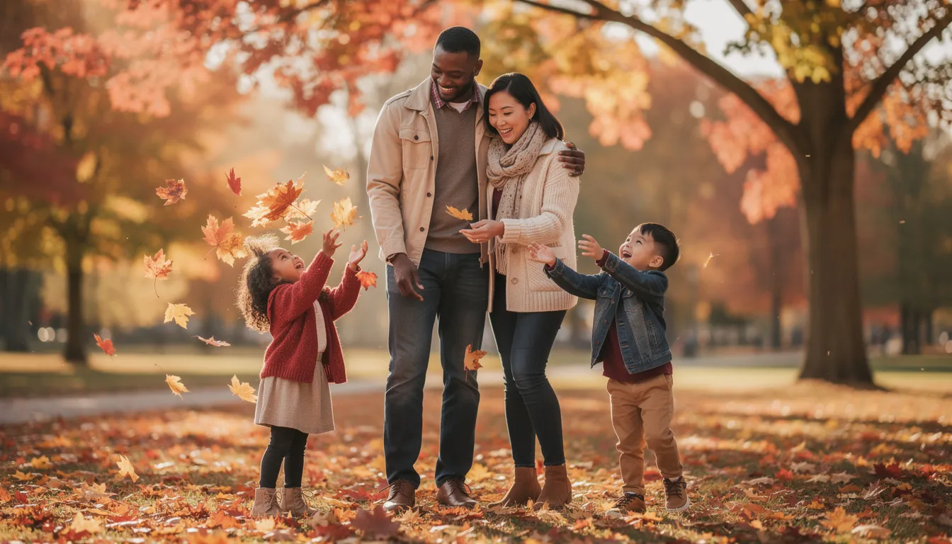 Une famille multiculturelle heureuse se promène dans un parc canadien en automne, entourée de magnifiques feuilles d'érable colorées. Cette scène évoque l'harmonie et la diversité, illustrant le processus d'immigration et de parrainage au Canada.