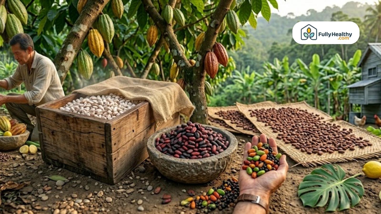 Farmer processing cacao beans with drying racks and fresh harvested pods