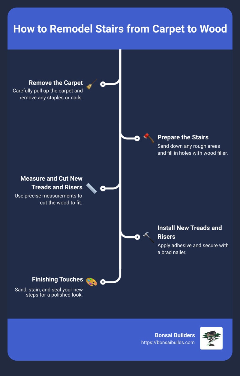 Step-by-step guide infographic - how to remodel stairs from carpet to wood infographic infographic-line-5-steps