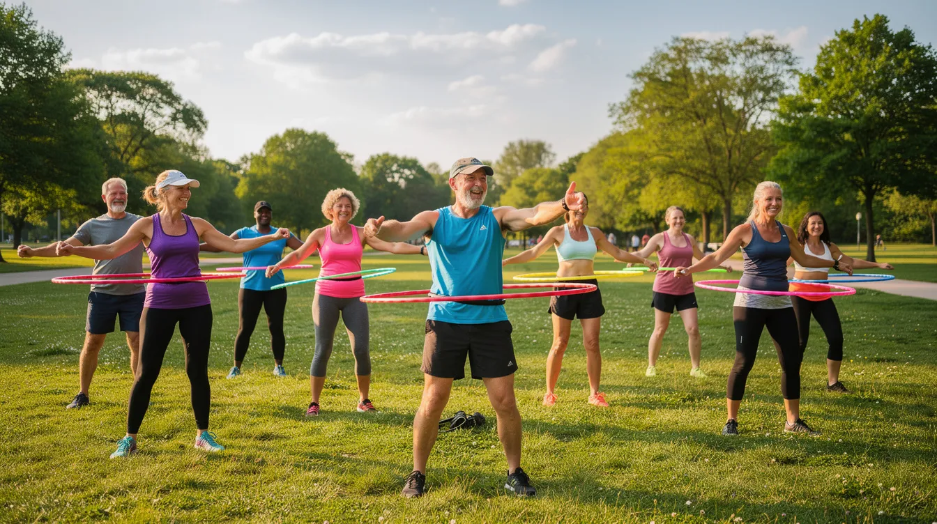 Eine Gruppe von Erwachsenen trainiert gemeinsam im Freien auf einer Wiese mit Hula Hoop Reifen. Sie üben verschiedene Hula Hoop Fitness-Übungen, um ihre Core Muskulatur zu stärken und Spaß an diesem modernen Fitness Trend zu haben.