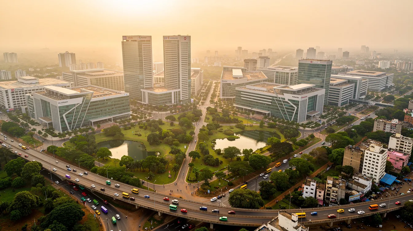 9ea9be95 45b3 4520 bbea eb194bc5df56 An aerial view of Bangalore showcases its modern skyline, featuring sleek tech parks and lush green spaces, highlighting the city's blend of innovation and nature. This vibrant landscape is a hub for exciting new business ideas, making it an ideal location for entrepreneurs seeking profitable business ventures.