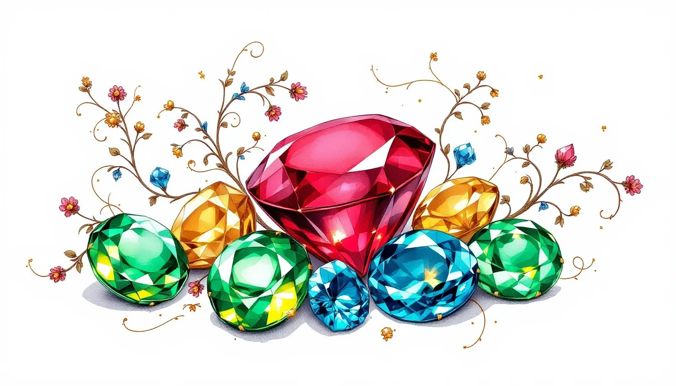 An assortment of cardinal gems including ruby, emerald, and sapphire.
