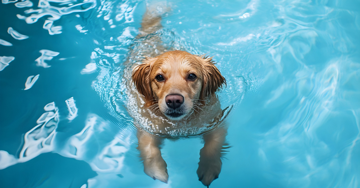 Golden retriever swimming in clear blue water at a pet friendly Cape May Point beach rental property.