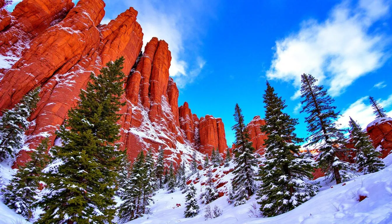The image features snow-covered red rock formations surrounded by evergreen trees, set against a clear winter sky, capturing the serene beauty of Brian Head, Utah. This picturesque scene highlights the natural coexistence of rugged terrain and lush greenery, perfect for winter recreational activities.