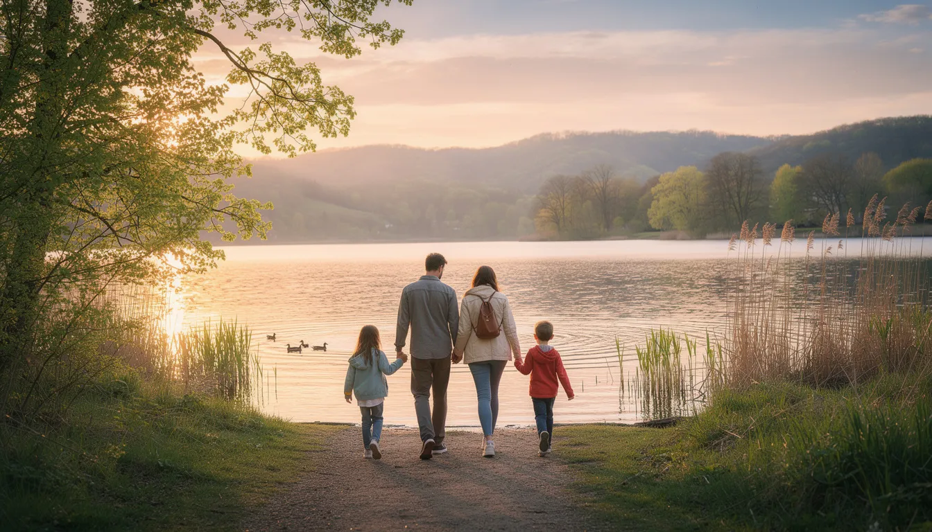 Eine Familie spaziert am idyllischen Ufer eines Sees, umgeben von Bäumen und einer ruhigen Landschaft. Im Hintergrund sind sanfte Wellen des Wassers zu hören, während die Kinder fröhlich spielen und die Eltern entspannt die Natur genießen.
