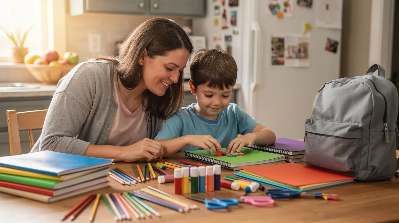 A parent and child are seated at a kitchen table, sorting through an array of colorful school supplies, including notebooks, colored pencils, and folders, as they prepare for the upcoming school year. This scene captures the essence of back to school shopping on a budget, highlighting the importance of organizing essential items for the school year ahead.
