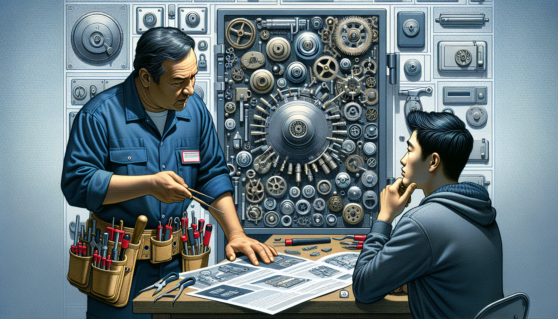 Illustration of locksmith consulting on safe lock selection