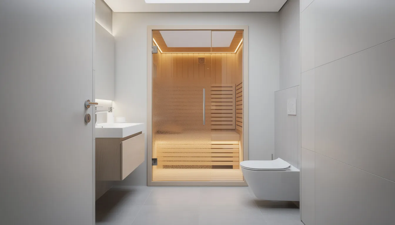 The image depicts a compact bathroom featuring a rectangular sauna room at the far end, characterized by a glass door and a warm wood interior, perfect for relaxation. The modern design and layout create a stylish and inviting space for enjoying a sauna experience.