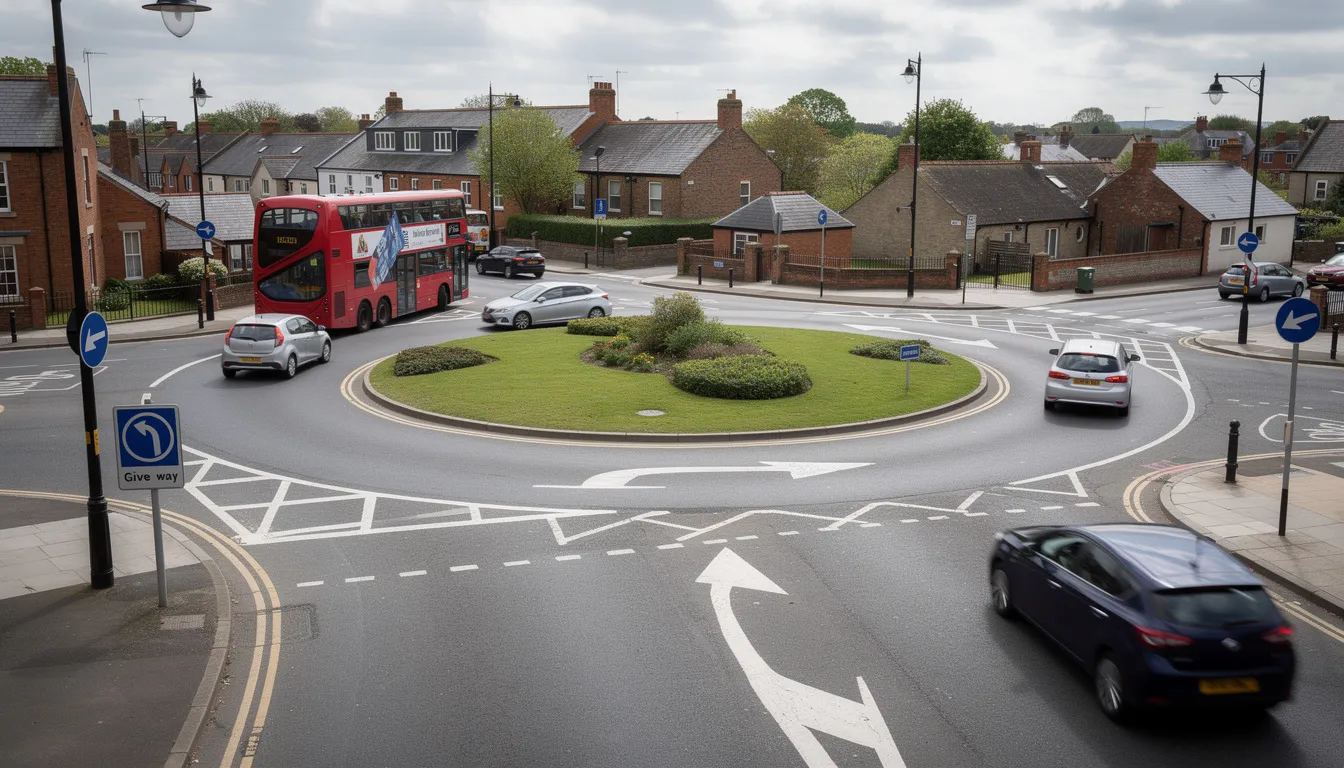 Un rond-point typique du Royaume-Uni, où des voitures circulent à gauche, illustrant le réseau routier britannique. Cette scène évoque la location de voitures en Angleterre, idéale pour explorer les villes et paysages du pays.