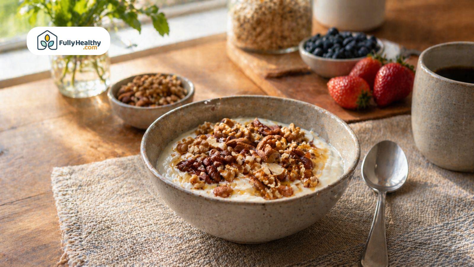 Bowl of yogurt topped with mixed nuts and fresh fruit breakfast