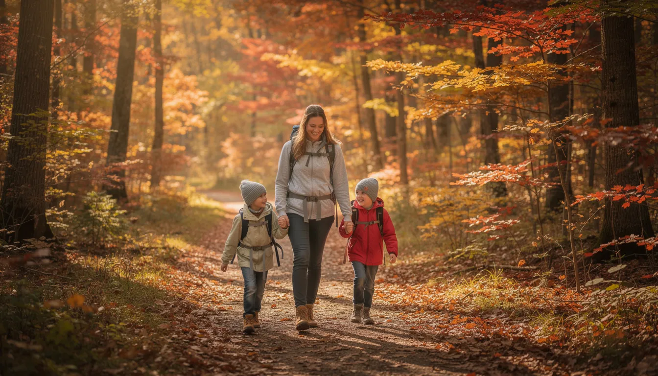 Relocating To Columbia, Mo: What To Know Before You Move 3 A Family Is Hiking On A Wooded Trail Covered With Vibrant Autumn Leaves, Enjoying The Beauty Of Nature. This Outdoor Activity Is A Great Way For Columbia Residents To Explore The Scenic Trails Near Rock Bridge State Park, Making It A Perfect Place For Families Who Love Nature.