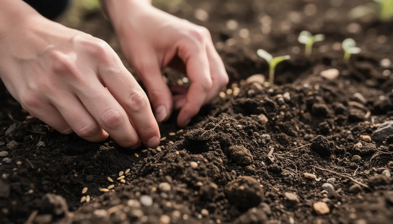 A pair of hands gently planting seeds into rich, dark garden soil, symbolizing the essential homesteading skills needed to grow one's own food. This image captures the beginning of a homesteading journey towards self-sufficiency and cultivating a thriving vegetable garden.