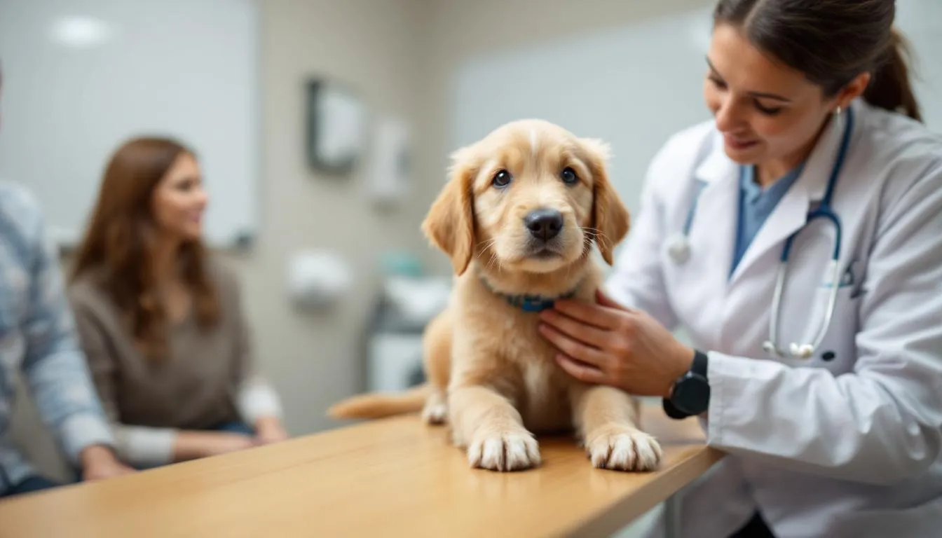 A puppy is being gently evaluated for early temperament indicators during a temperament test, showcasing its reactions to various stimuli in a non-threatening situation. The behavior consultant observes the dog