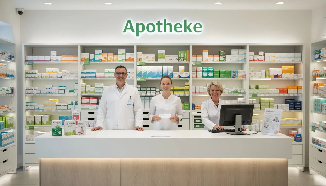 Das Bild zeigt eine moderne Apotheke mit professionellem Personal, das hinter einem Tresen steht. Im Hintergrund sind Regale mit verschiedenen medizinischen Cannabisprodukten, wie Blüten und Extrakten, zu sehen, die für Patienten zur Verfügung stehen.