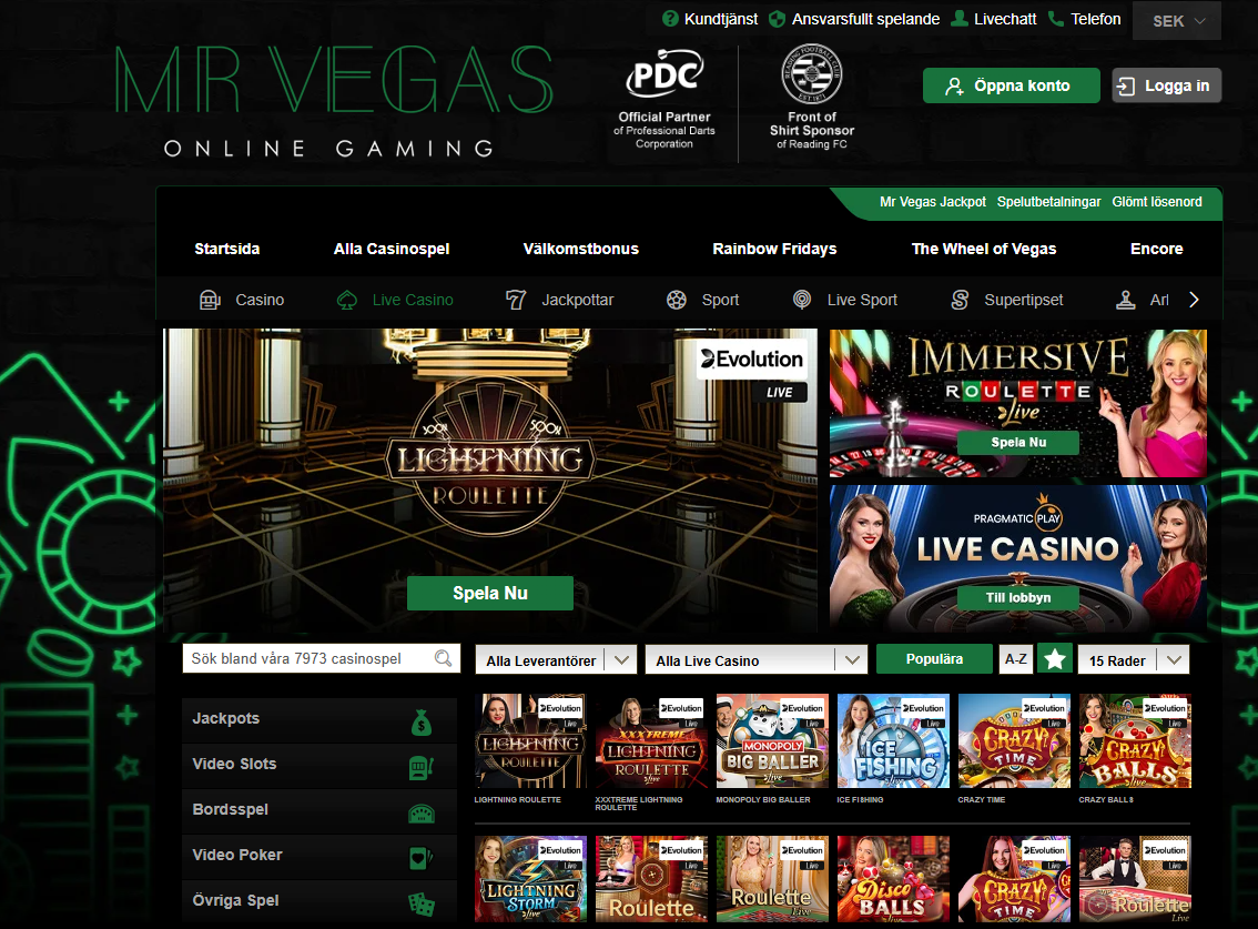 Mr Vegas live casino med bland annat live roulette, game shows och spel från Evolution och Pragmatic Play.