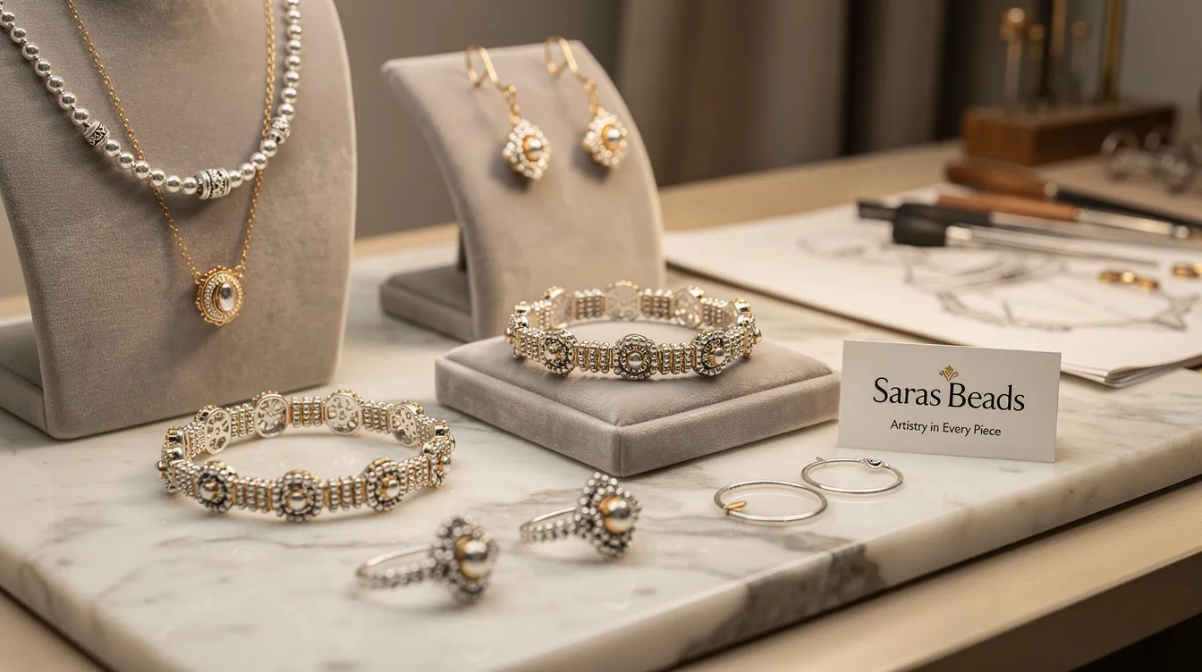The image showcases a stunning collection of handcrafted jewellery from Saras Beads, featuring intricately designed pieces made from sterling silver and gold plated materials. Each item, including necklaces, bracelets, and earrings, reflects the artistry and craftsmanship of skilled artisans, making them perfect for both everyday wear and special occasions.
