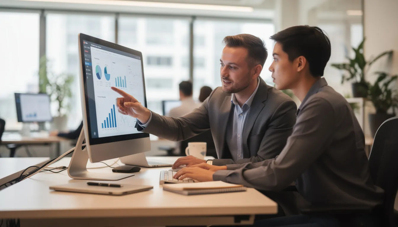 The image depicts a mentor and mentee working together at a computer workstation, collaborating on cybersecurity skills essential for today's job market. This interaction emphasizes the importance of training programs that prepare job seekers for high-demand roles in the cybersecurity workforce.