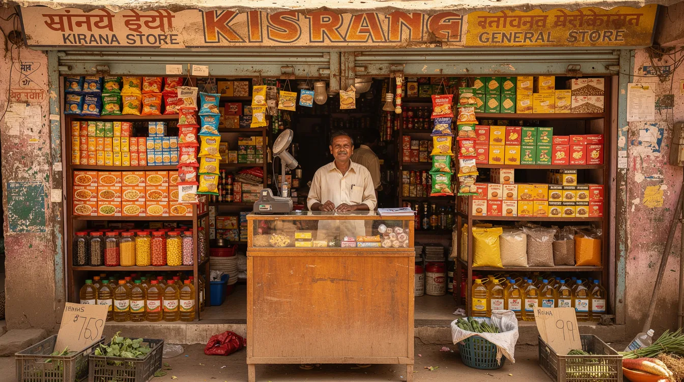 9ec50b8b 6cbc 4883 b7e9 276b0632698c The image shows a vibrant Indian kirana shop storefront with shelves stocked full of various packaged food products, including instant poha mix and spices like turmeric powder and mustard seeds. A friendly shopkeeper stands at the entrance, ready to assist customers looking for convenient and nutritious options for breakfast, such as traditional poha.