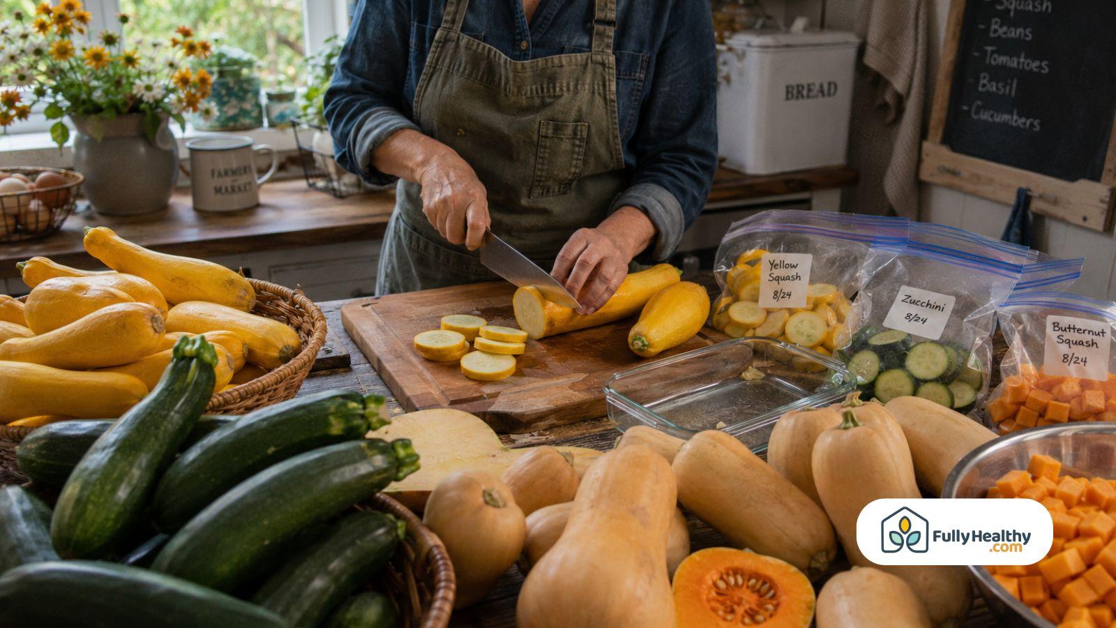 Preparing yellow squash and zucchini for freezing on rustic farmhouse kitchen counter