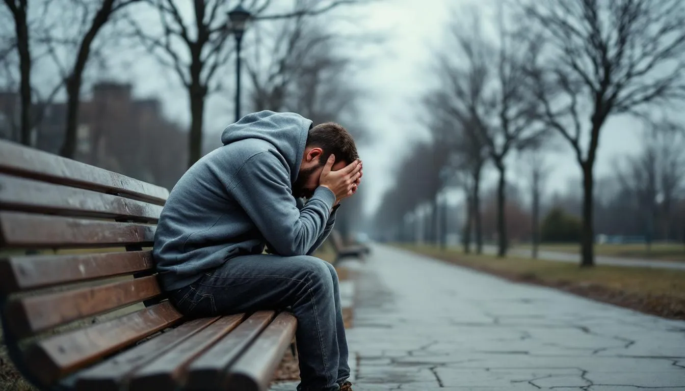 Isolated man sitting alone on bench struggling with depression