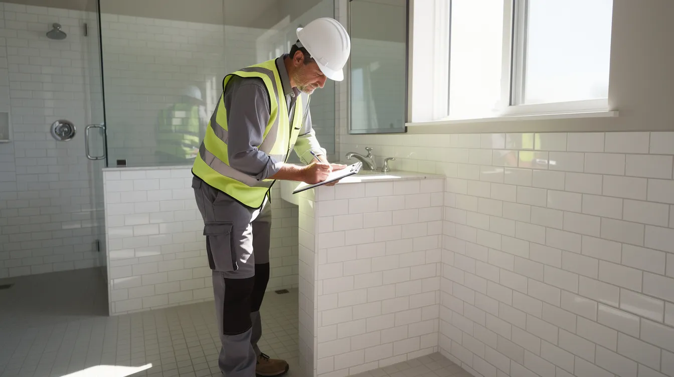 A construction professional wearing a hard hat inspects the tile installation work in a bright residential bathroom, ensuring quality and adherence to safety standards. This dedicated project manager plays a pivotal role in the home improvement project, focusing on effective project management to meet the client's expectations.