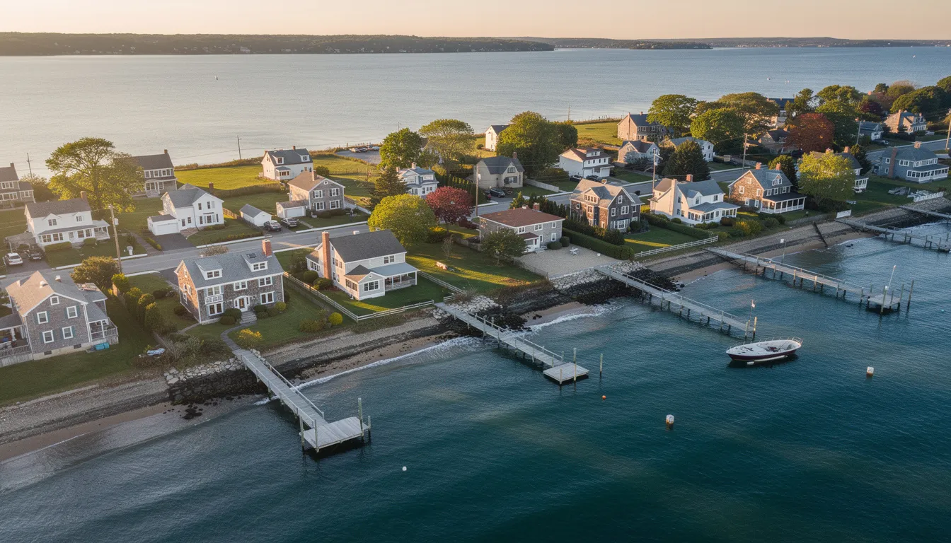 An aerial view captures the picturesque Connecticut shoreline homes, nestled along the coast with the serene Long Island Sound in the background, showcasing the coastal beauty of the region. This image reflects the charm of Connecticut living, highlighting lifestyle amenities and the potential for first-time homebuyers in towns like Fairfield County and New Haven.