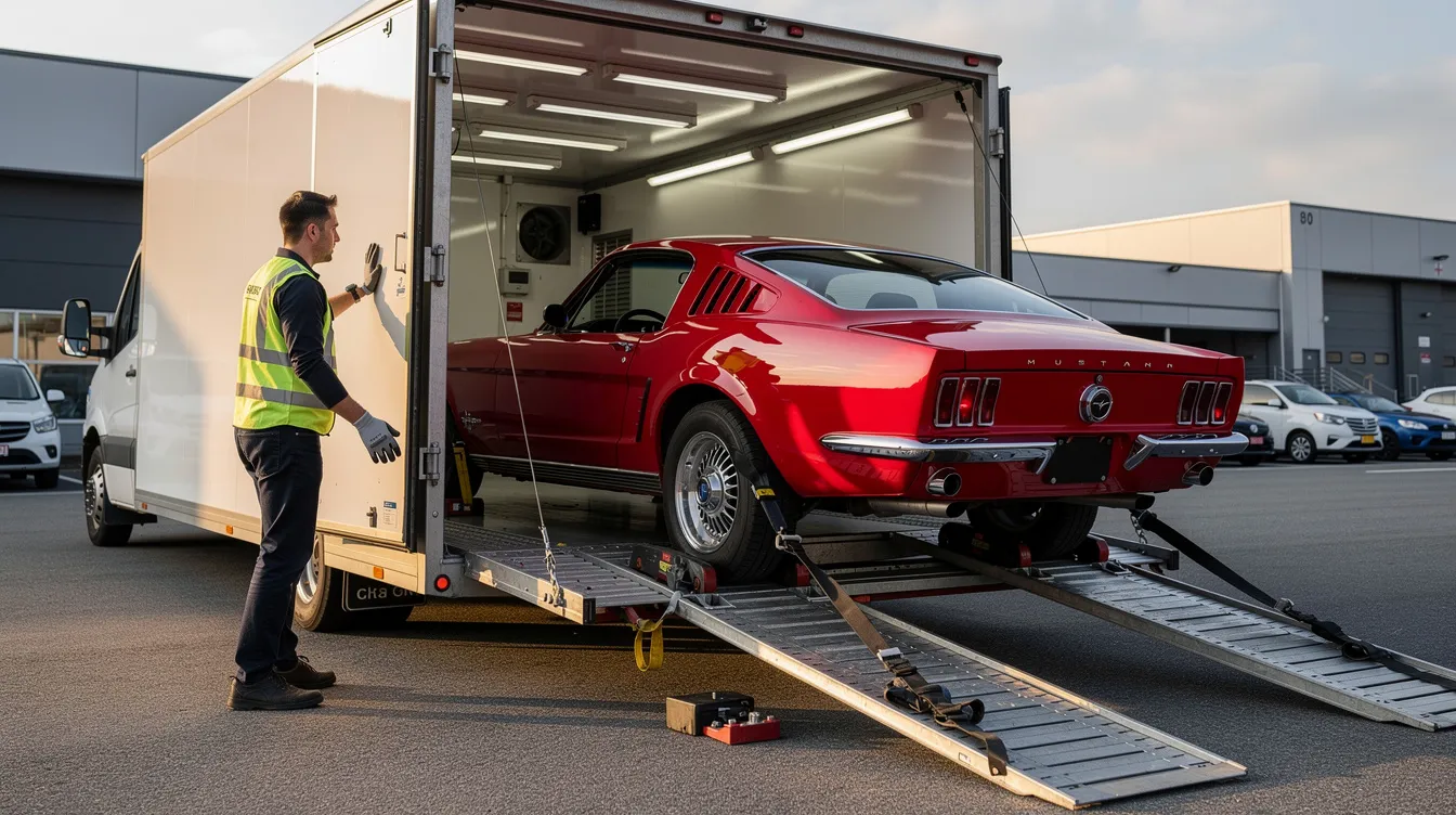 A classic red sports car is being carefully loaded onto an enclosed auto transport trailer, showcasing the attention to detail and safety involved in the car shipping process. This scene highlights the reliable car shipping services offered by auto transport companies, ensuring that vehicles arrive safely at their destination.
