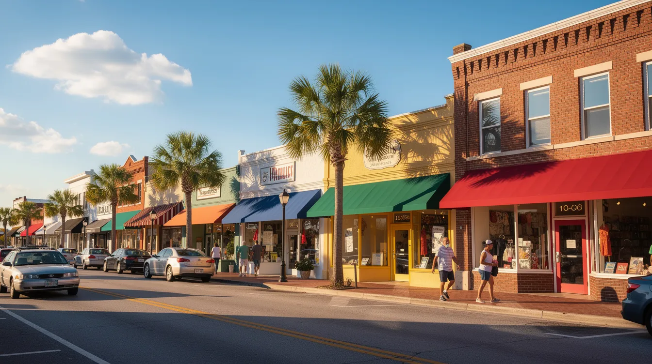 The image depicts a vibrant downtown street in a small Florida town, filled with local businesses under a clear blue sky, showcasing the charm of the community. This lively scene reflects the importance of local SEO strategies for Ocala business owners to enhance their online visibility and attract potential customers.
