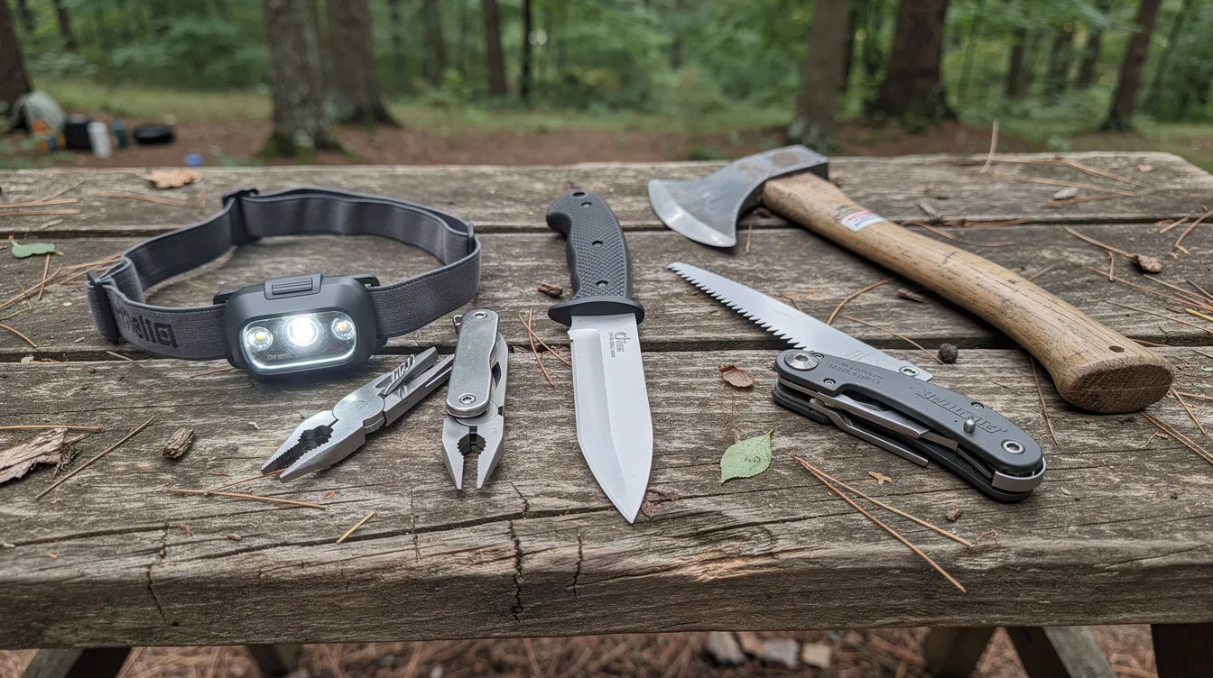 A neatly arranged collection of essential camping tools, including a pocket knife, multi-tool, headlamp, hatchet, and folding saw, is displayed on a weathered wooden camp table outdoors, ready for your next adventure in nature. This camping gear showcases the best camping tools for car campers and backpacking trips alike.