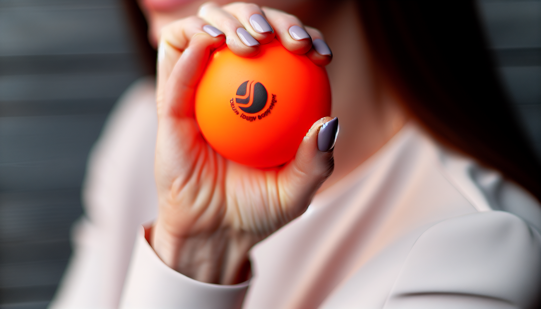 Person holding a stress ball with a company logo