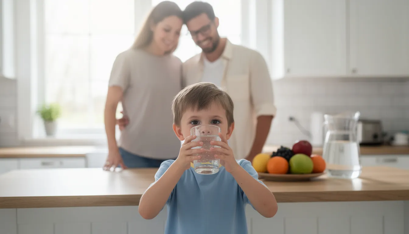 In a bright kitchen, a family is gathered with a child happily drinking a glass of clear water, highlighting the importance of high-quality drinking water and effective water filtration systems for maintaining health and safety at home. The scene emphasizes the benefits of proper water treatment and the joy of enjoying clean, safe water.