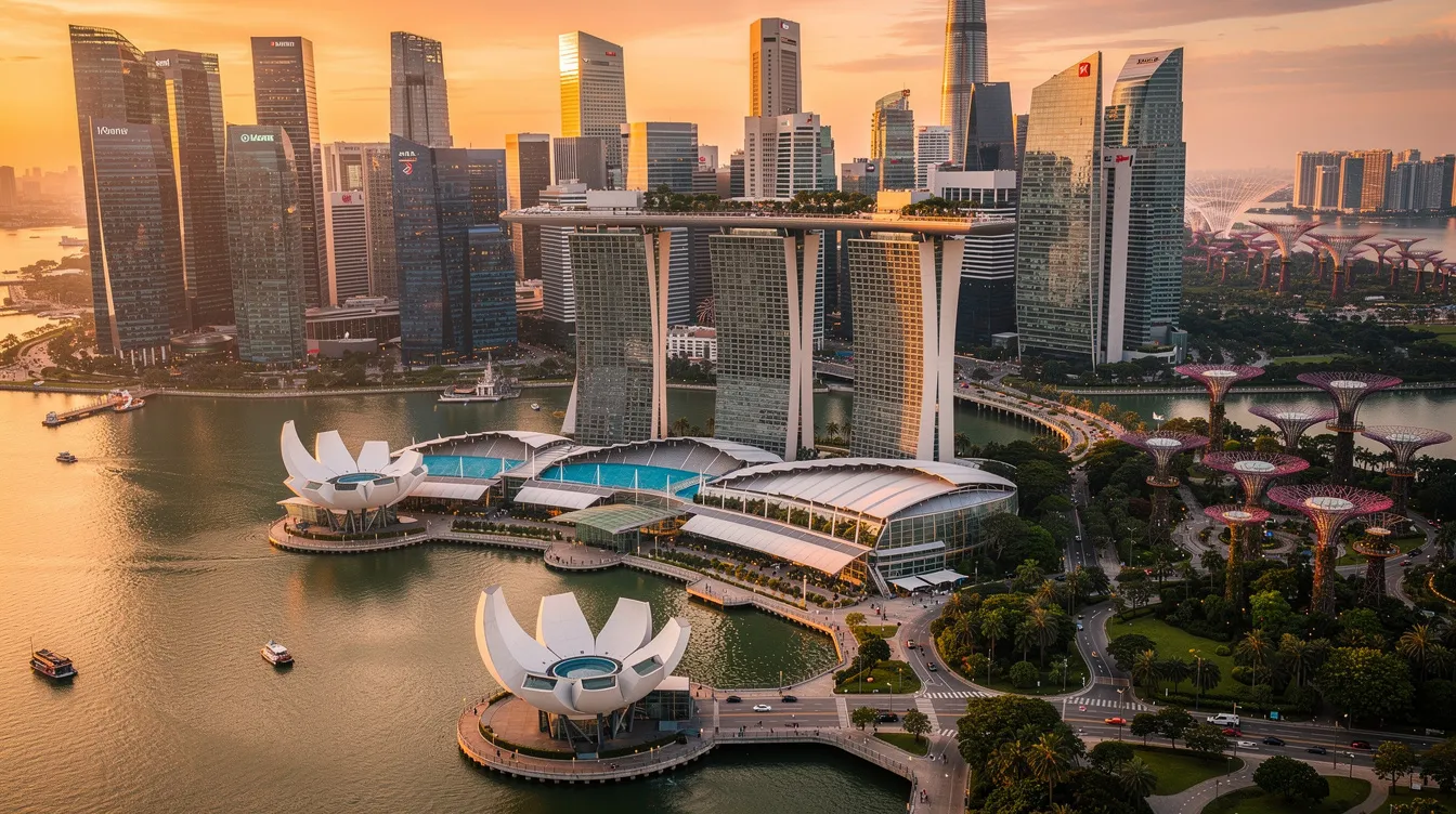 Imagem de uma vista panorâmica de Singapura, destacando os famosos arranha-céus e o icônico Marina Bay Sands. A cidade é um dos principais destinos do mundo, atraindo turistas em busca de ofertas de hotéis e experiências únicas.