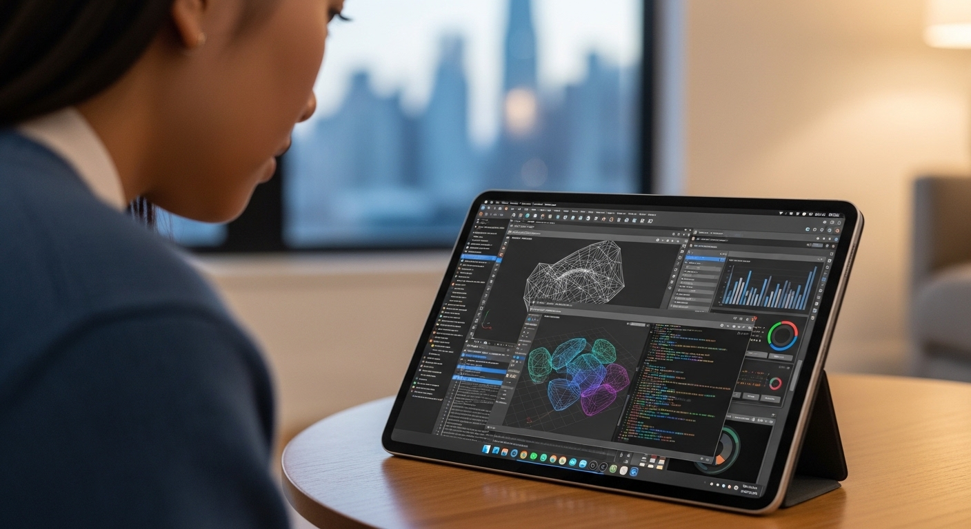 User connecting to a cloud desktop with complex software running smoothly on a lightweight personal device.