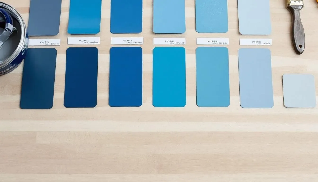 The image features an array of paint color swatches on a kitchen counter, showcasing various blue tones, including light blue, deep navy blue, and muted blues. These blue hues are ideal for blue kitchen cabinets, complementing the stainless steel appliances and white countertops in a modern kitchen design.
