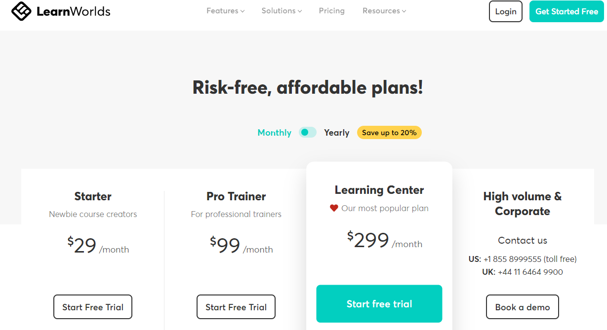 LearnWorld offers risk-free, affordable plans