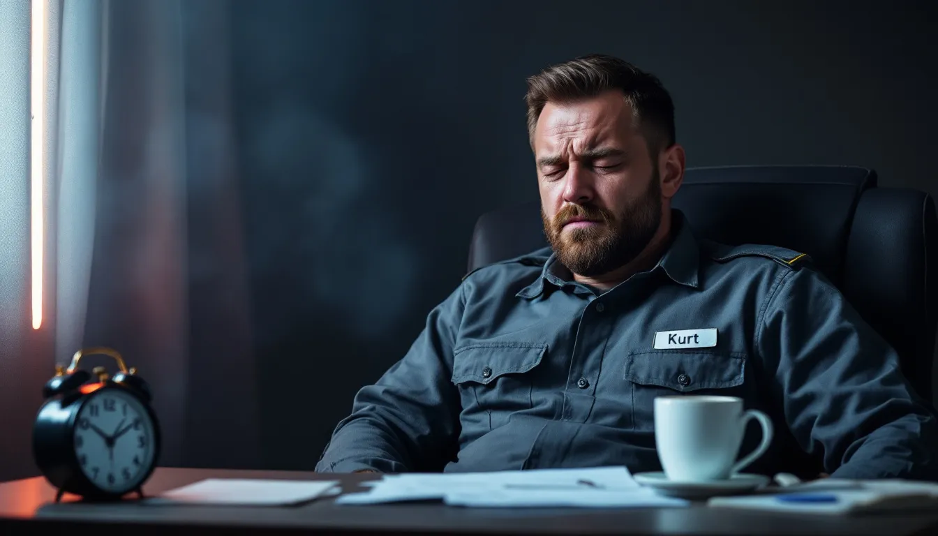 Eine erschöpfte Person sitzt auf einem Stuhl mit müdem Gesichtsausdruck, umgeben von medizinischen Geräten und Notizen, was die Anstrengungen nach einer langen 24-Stunden-Schicht im Rettungsdienst symbolisiert. Die Umgebung vermittelt den Druck und die Herausforderungen, die mit Schichtarbeit in Krankenhäusern und anderen Berufen verbunden sind.