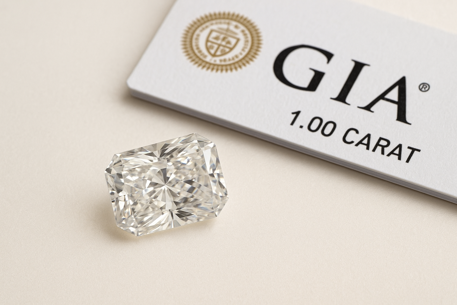 1 karato radiant formos deimantas šalia GIA sertifikato ant šviesaus fono.
