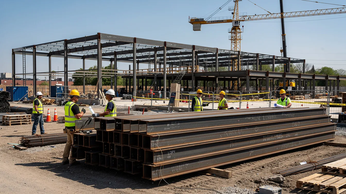The image shows stacked structural steel beams at a construction site, with workers nearby preparing for installation. These beams are vital components for building projects, and ensuring their compliance with specifications is essential for safety and structural integrity.
