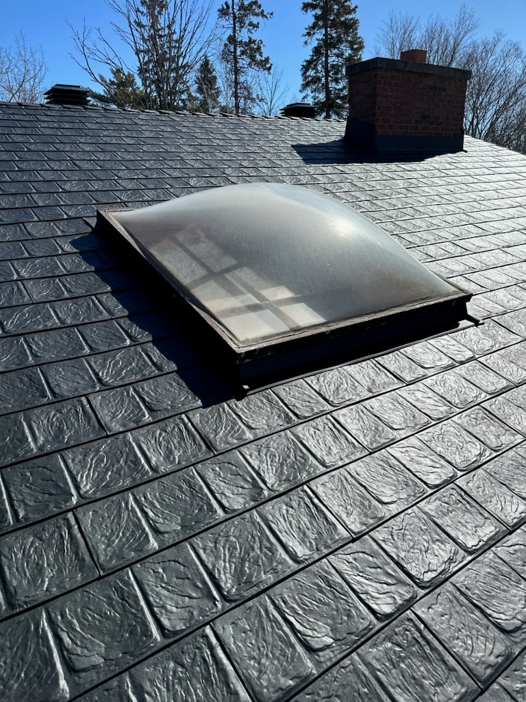 A black shingled metal roof with a curved skylight in bright sunlight. Trees and a chimney are in the background, casting clear shadows on the metal roof.