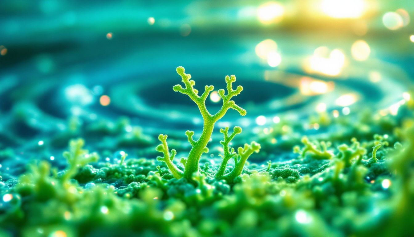 A close-up of green algae in a swimming pool, illustrating algae growth.