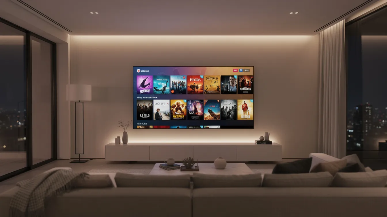 The image features a modern living room with a large flat screen smart TV showcasing a vibrant streaming interface, illuminated by soft ambient lighting. This setup highlights the convenience of internet protocol television (IPTV) services, allowing users to enjoy high-quality streaming and a variety of live TV channels.