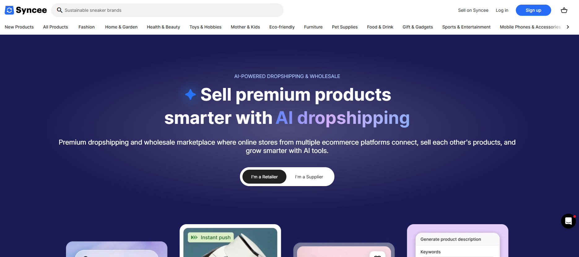 Syncee homepage promoting premium products through its AI-powered dropshipping and wholesale marketplace