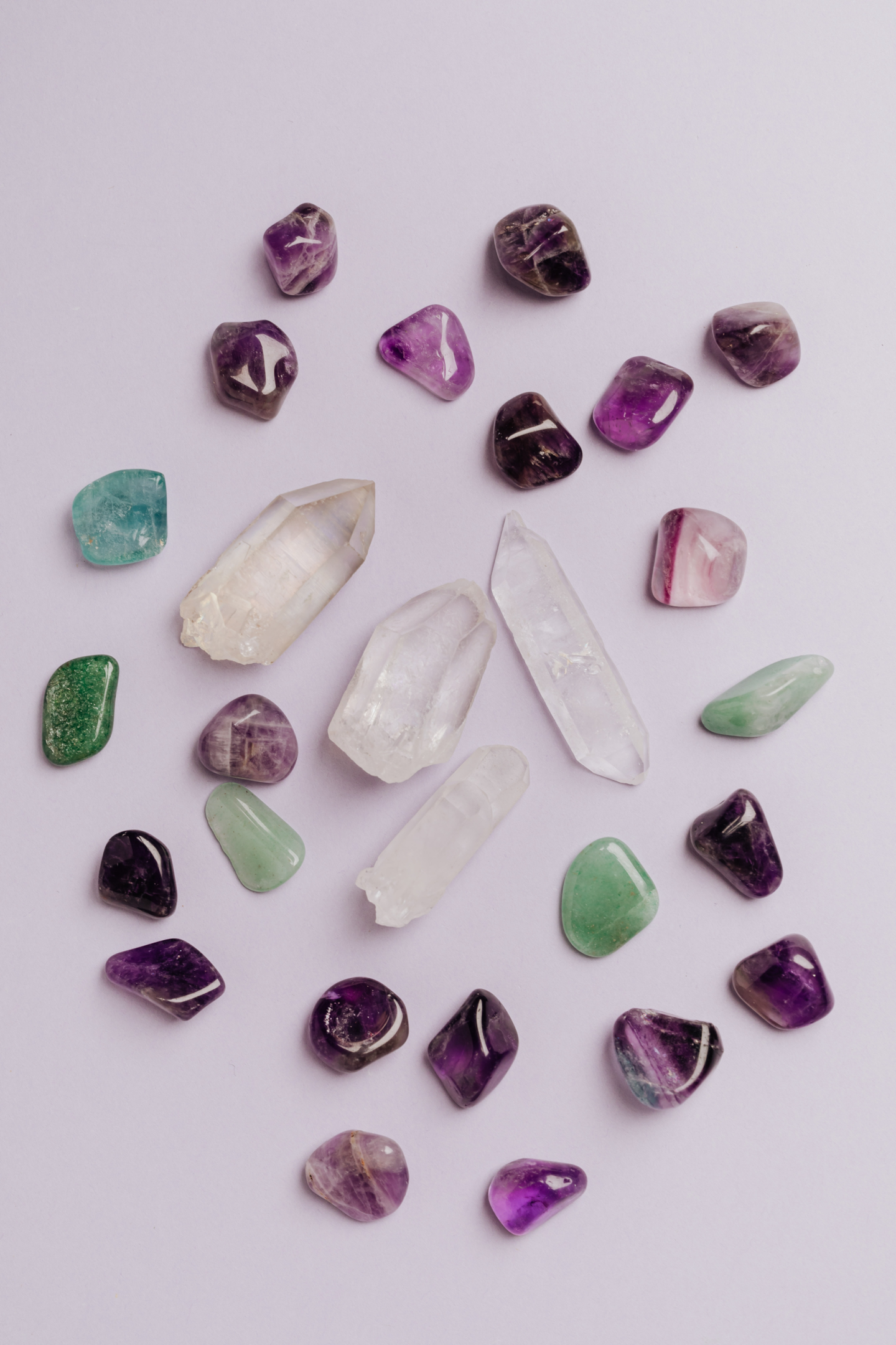 Small collection of crystals and stones including Selenite & Amethyst. Naan Design.  Naandesign.