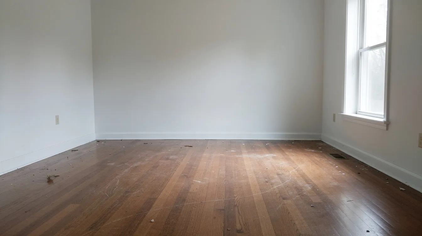 An empty room with polished hardwood floors is shown, ready for move out cleaning services after junk removal, highlighting the potential for a thorough cleaning to make the space move in ready. The room's clean and open atmosphere suggests a professional team will provide excellent service, ensuring customer satisfaction.